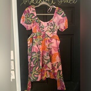 Vibrant Pink Leaf Pattern Mini Dress